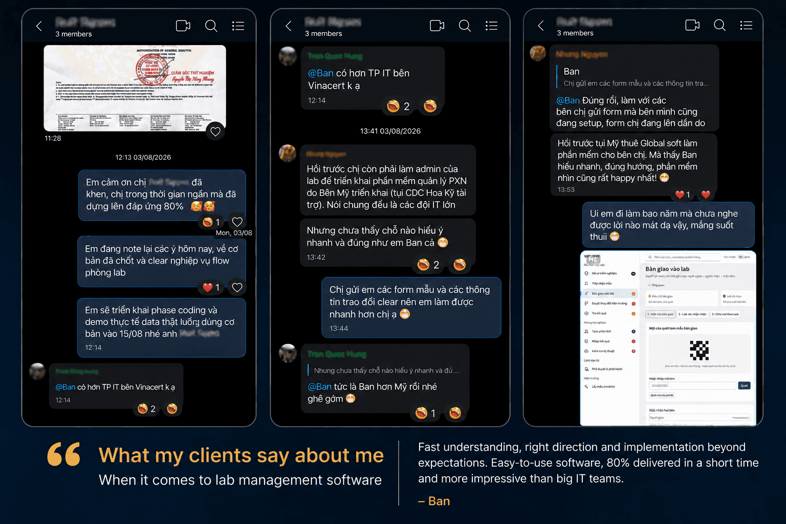 Real client feedback and chat dialogue praising SAGOZEN software delivery speed and quality
